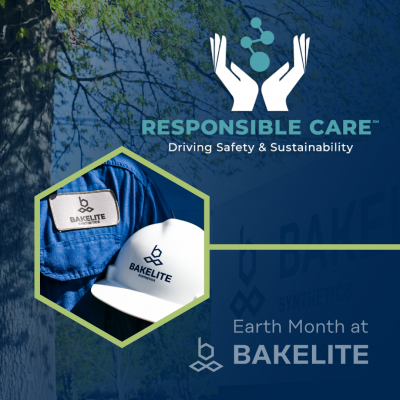 Promotional image for Bakelite's Earth Month. The top section features the Responsible Care logo with hands holding a molecule, accompanied by the text 'Driving Safety & Sustainability.' Below, there are two circular images: one showing a blue uniform with a Bakelite logo patch and another showing a white hard hat with the Bakelite logo. The background includes a tree and part of the Bakelite building. Text at the bottom reads 'Earth Month at Bakelite.'