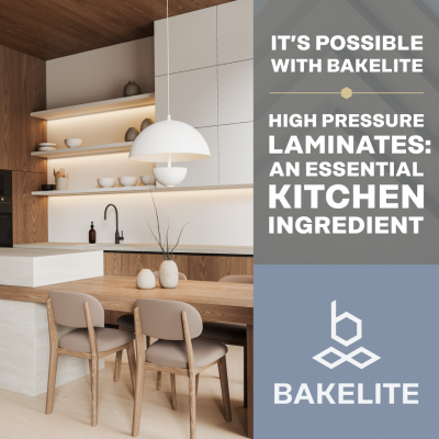 The image shows a modern kitchen with wooden and white cabinetry, open shelves with decorative items, a pendant light, and a dining table with chairs. The right side of the image contains text and a logo. The text reads: 'IT'S POSSIBLE WITH BAKELITE. HIGH PRESSURE LAMINATES: AN ESSENTIAL KITCHEN INGREDIENT. BAKELITE.'