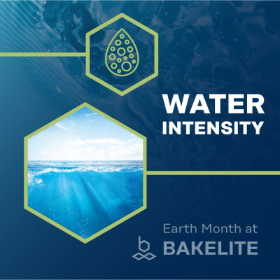 A graphic with a blue background featuring an underwater scene in a hexagon frame. Above the hexagon is an icon of a water droplet inside another hexagon. The text 'WATER INTENSITY' is prominently displayed to the right. Below, the text 'Earth Month at BAKELITE' is shown with the Bakelite logo.