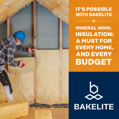 Person wearing a blue hard hat, plaid shirt, and gloves installs yellow mineral wool insulation between wooden beams in an attic with exposed framing. On the right, a dark blue panel displays the text: 'IT'S POSSIBLE WITH BAKELITE. MINERAL WOOL INSULATION: A MUST FOR EVERY HOME, AND EVERY BUDGET,' with the Bakelite logo below