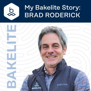 romotional graphic titled ‘My Bakelite Story: Brad Roderick’ featuring a person wearing a Bakelite-branded vest and a checkered shirt, standing against a light patterned background. The Bakelite logo appears at the top left, and the word ‘Bakelite’ is written vertically along the left side.