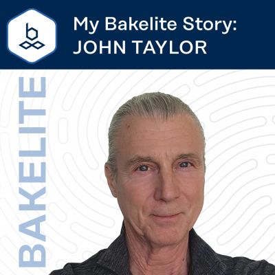 A graphic titled ‘My Bakelite Story: JOHN TAYLOR’ featuring a person shown from the shoulders up against a white background with a fingerprint pattern. The Bakelite logo appears in the top left corner, and the word ‘BAKELITE’ is displayed vertically along the left side.