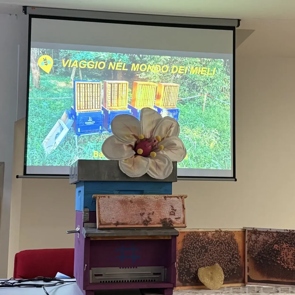 A classroom setup with a projector screen showing a slide titled “Viaggio nel mondo delle Meli,” with beekeeping equipment, honeycombs, and a large artificial flower displayed on a table beneath the screen.