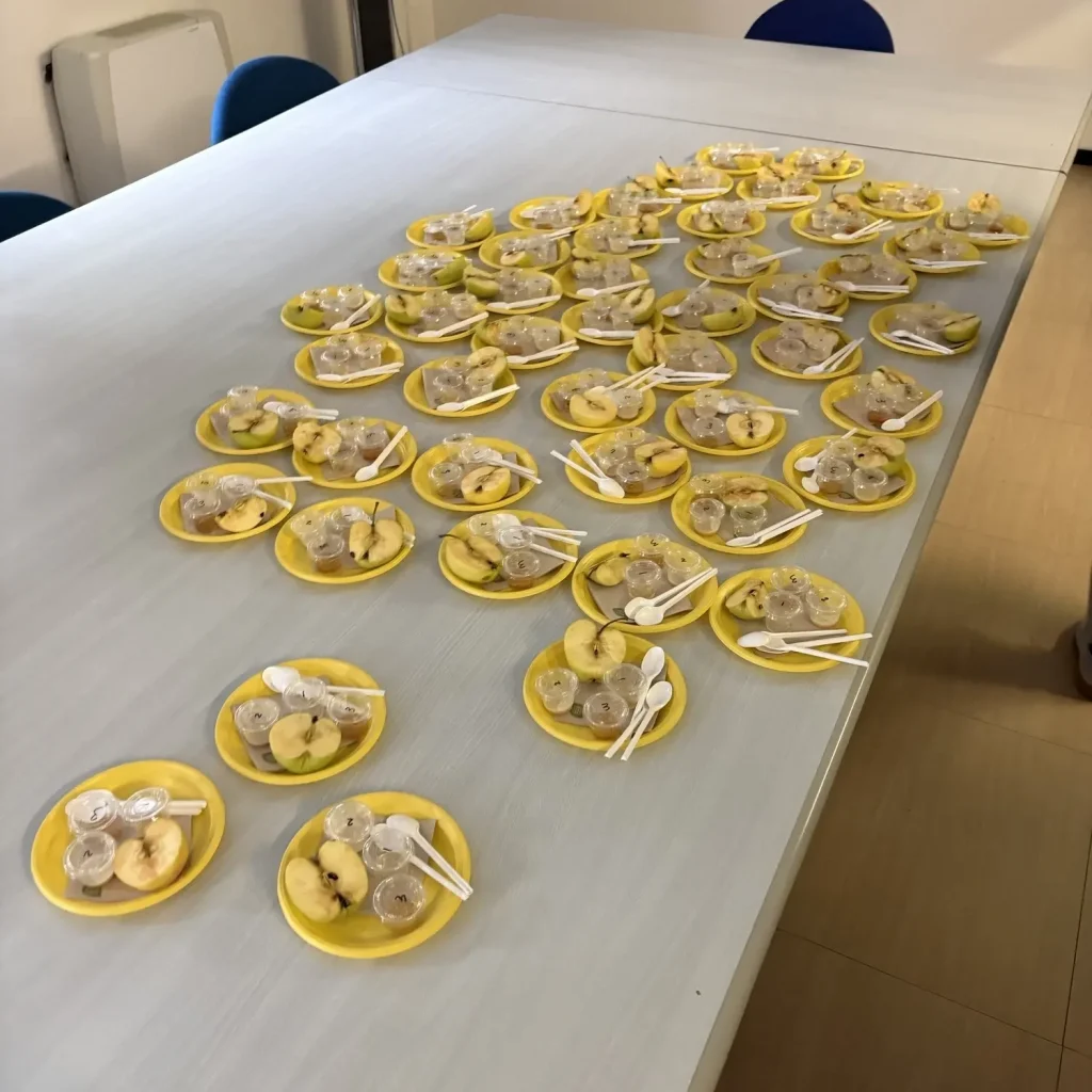 A long meeting table covered with many small yellow plates, each containing sliced fruit and small plastic cups with honey to taste, arranged neatly in rows with plastic spoons.